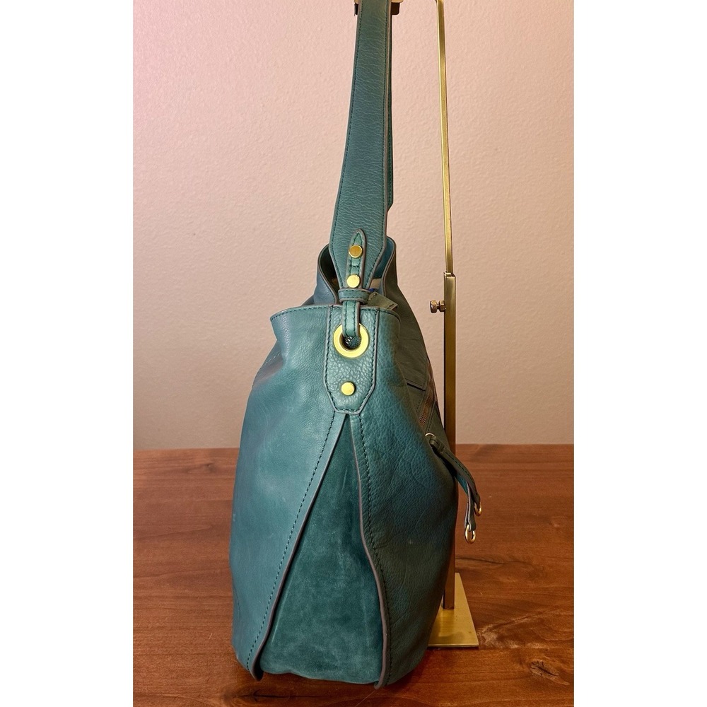 Sold Out Teal American Leather Co. Summit Large Zip-Top Leather & Suede Hobo - Picture 3 of 8